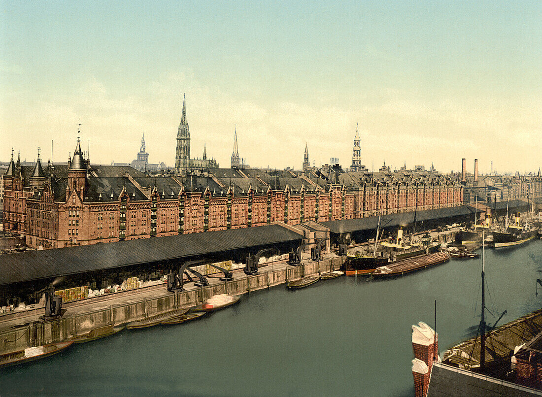 Warehouses at docks, Hamburg, Germany, Photochrome Print, circa 1900