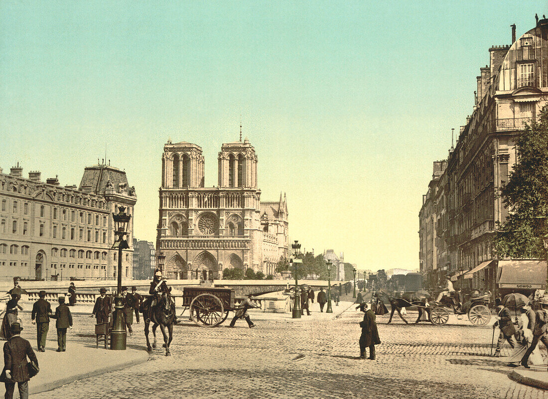 Notre Dame and St. Michael Bridge, Paris, France, Photochrome Print, circa 1900