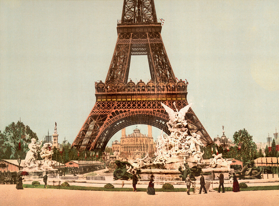 Eiffel Tower and Fountain, Exposition Universelle, Paris, France, Photochrome Print, circa 1900