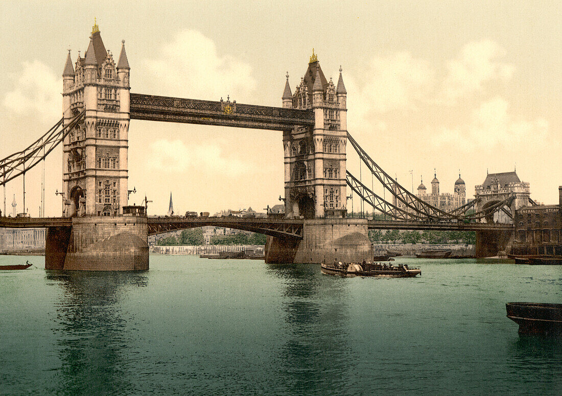 Tower Bridge, London, England, Photochrome Print, circa 1900
