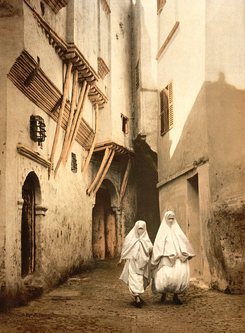 Two Women Walking Along Red Sea Street, Algiers, Algeria, Photochrome Print, circa 1900