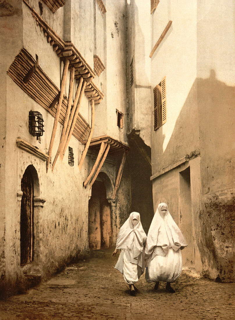 Two Women Walking Along Red Sea Street, Algiers, Algeria, Photochrome Print, circa 1901