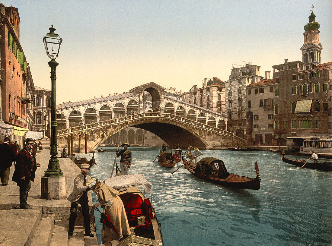 Rialto Bridge, Venice, Italy, Photochrome Print, circa 1900