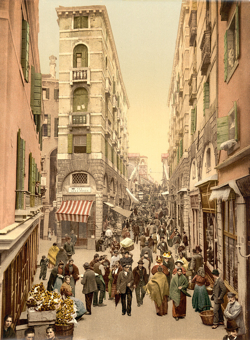 Street Scene Near the Rialto, Venice, Italy, Photochrome Print, circa 1900
