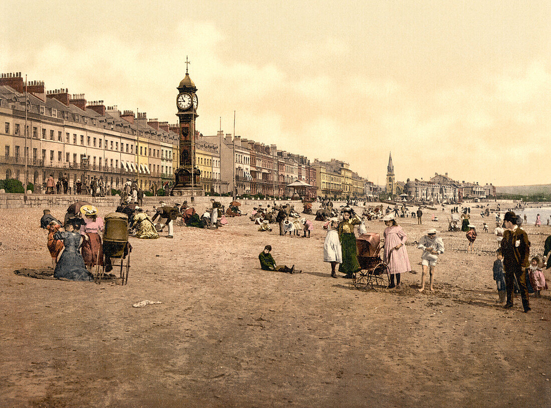 Jubilee Clock Tower and Beach, Weymouth, England, Photochrome Print, circa 1900