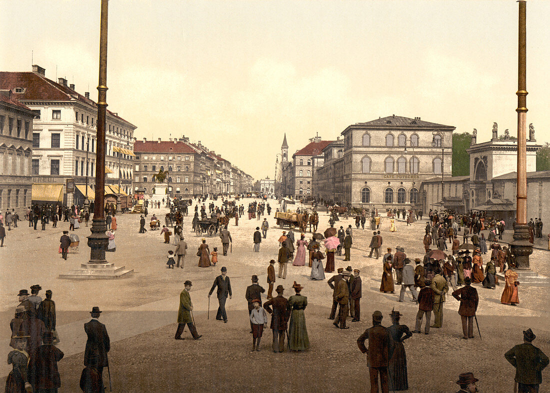 Street Scene, Odensplatz and Ludwigstrasse, Munich, Bavaria, Germany, Photochrome Print, circa 1900