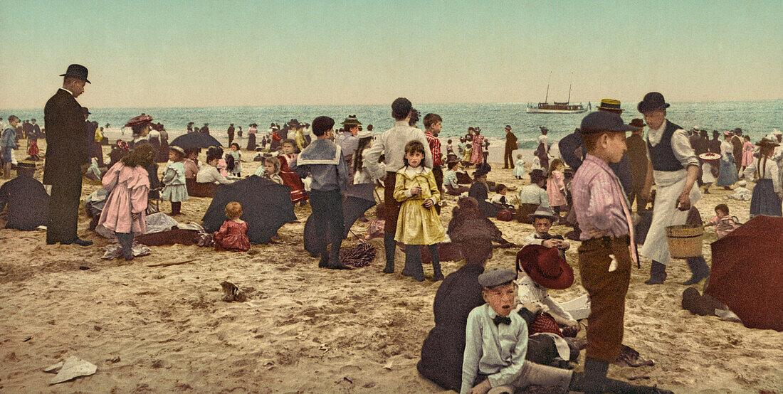 Crowd on Beach, Coney Island, Brooklyn, New York, USA, Photochrome Print, circa 1902