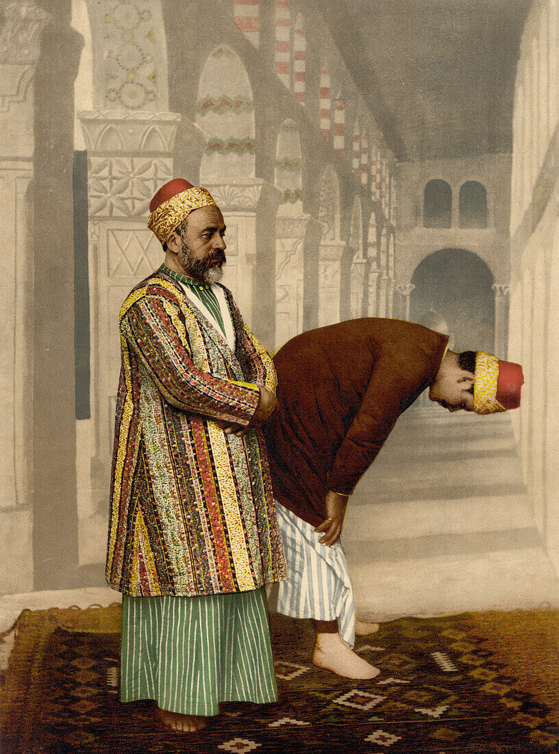 Two Muslim Men Praying, Photochrome Print, circa 1901
