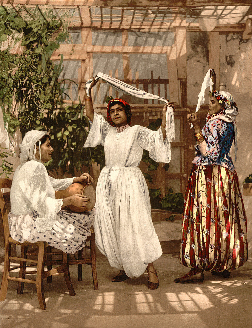 Dancing Arab Girls, Algiers, Algeria, Photochrome Print, circa 1899
