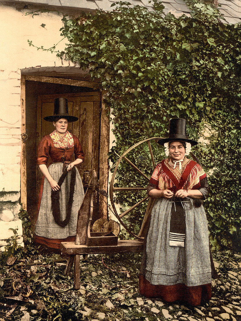 Welsh Spinners and Spinning Wheel, Wales, UK, Photochrome Print, circa 1900