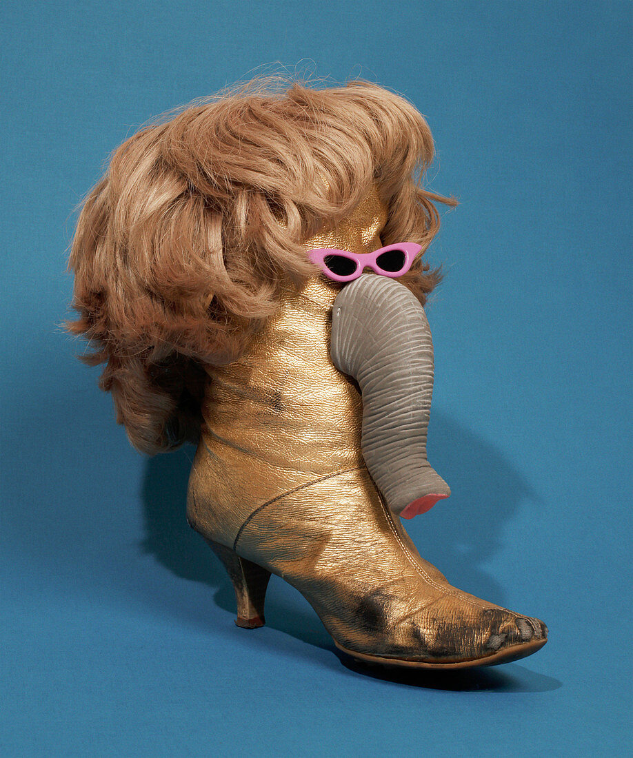 Elephant made from boot and wig over blue background
