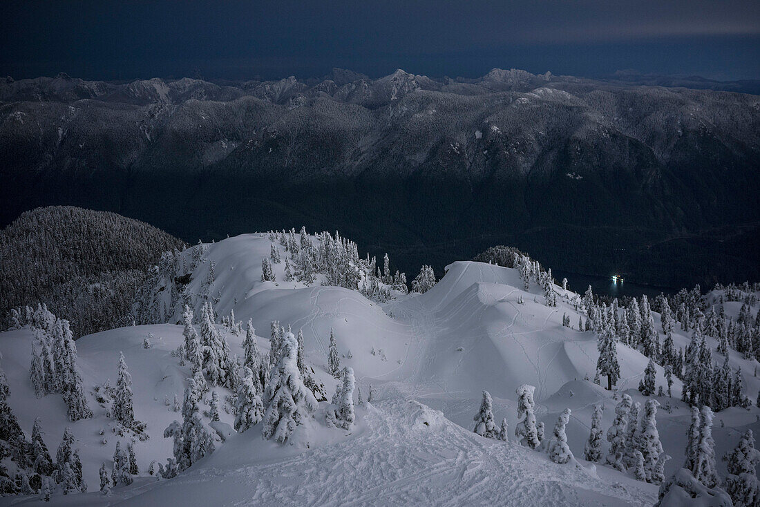 Idyllic view of snowcapped Mount Seymour at dusk, British Columbia, Canada