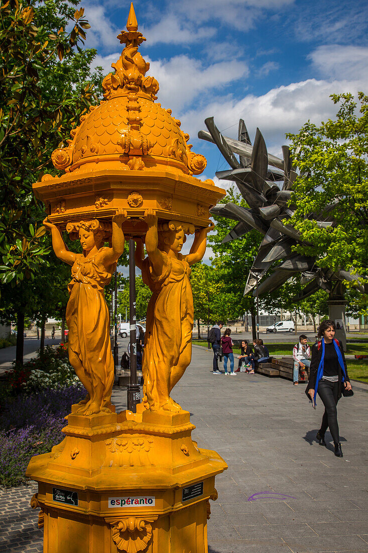 wallace fountain in the gardens of the diderot university, paris 7, 13th arrondissement, paris (75), ile de france, france