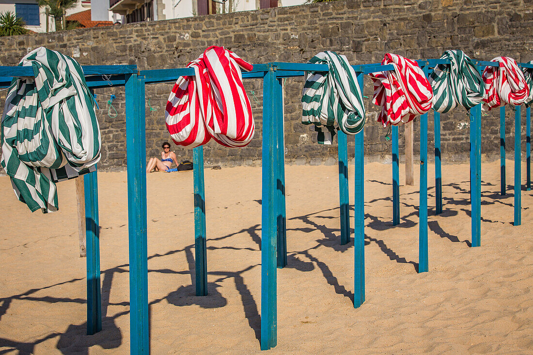 canvas beach huts, beach of saint jean de luz, basque country, (64) pyrenees atlantiques, aquitaine