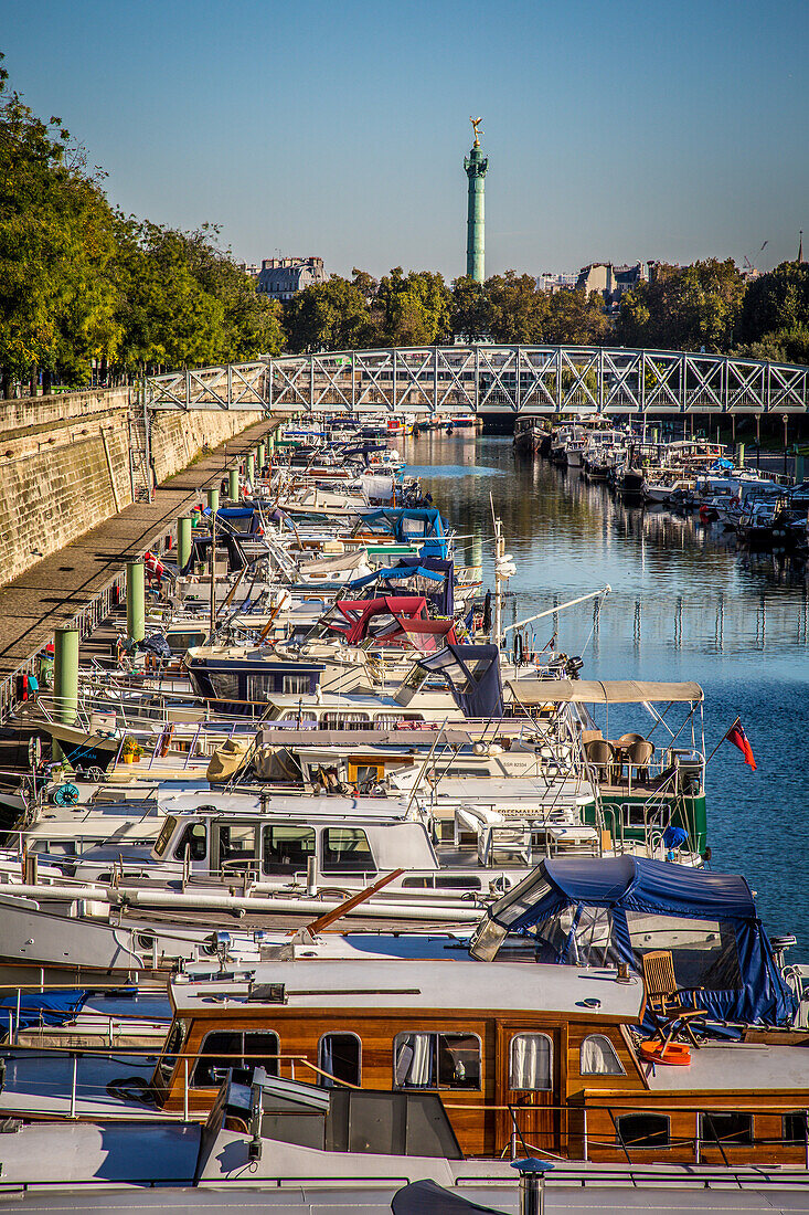 port de l'arsenal or port of the bastille on the saint-martin canal with the july column on the place de la bastille in the background, paris (75), france