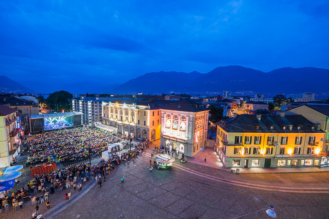 Music concert at dusk in Piazza grande Locarno, Ticino, Switzerland