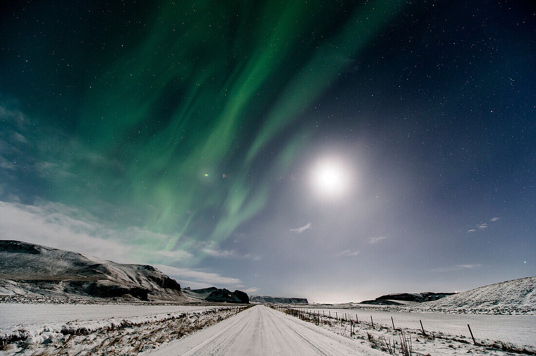 Northern Lights close to Vik, Ring Road, Mountain Range, Night, Iceland