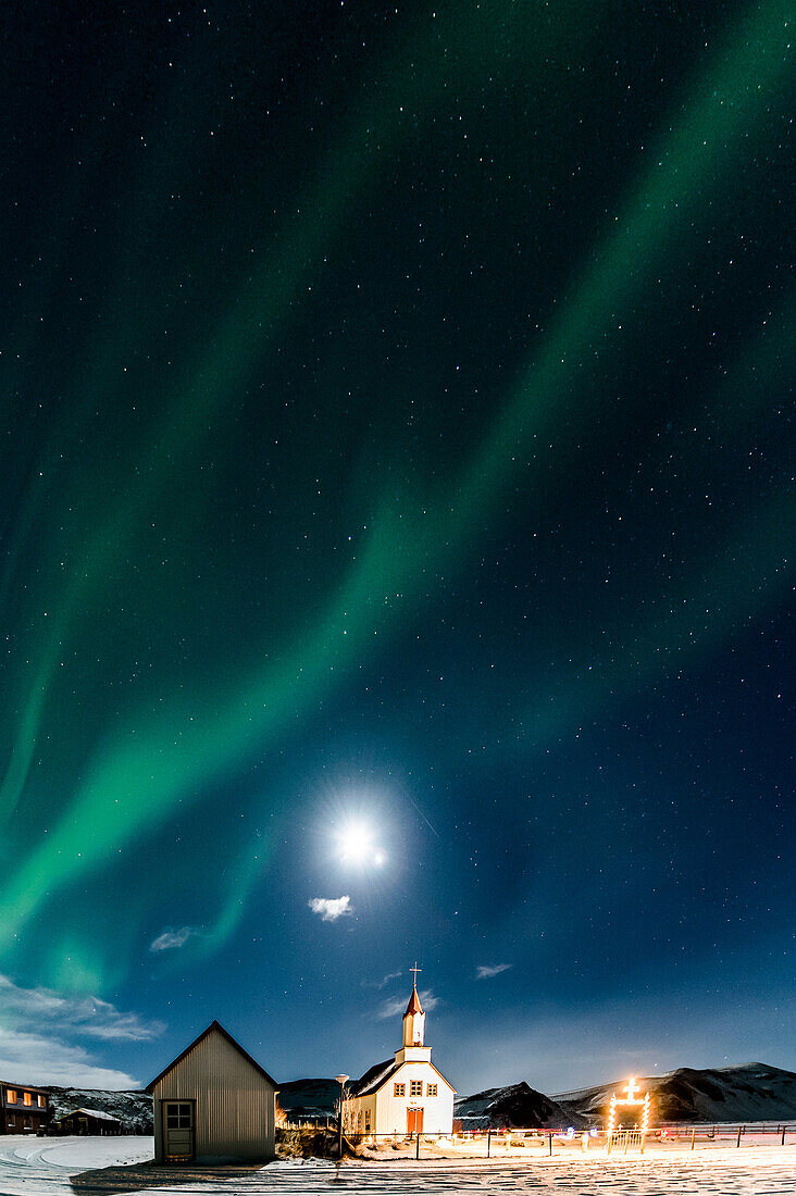 Northern Lights close to Vik, Ring Road, Church with mountain range, Vik, Iceland