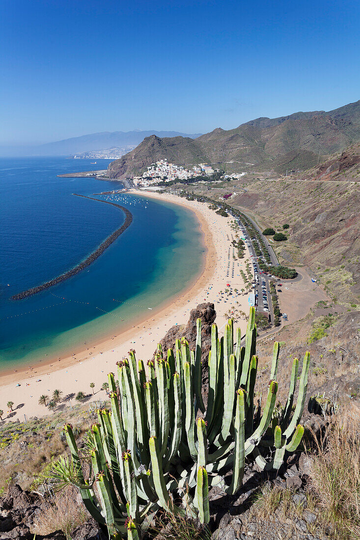 Playa de las Teresitas Beach, San Andres with a view to Pico del Teide, Tenerife, Canary Islands, Spain, Atlantic, Europe