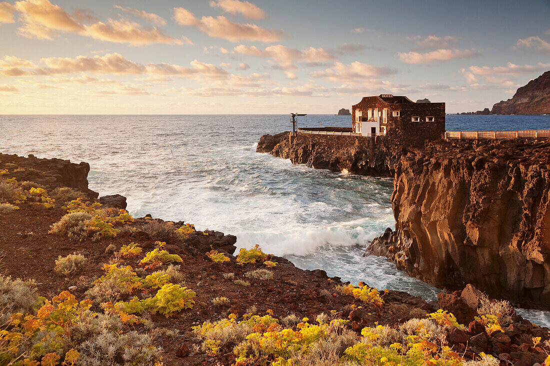 Hotel Punta Grande at sunset, Las Puntas, El Golfo, lava coast, UNESCO biosphere reserve, El Hierro, Canary Islands, Spain, Atlantic, Europe
