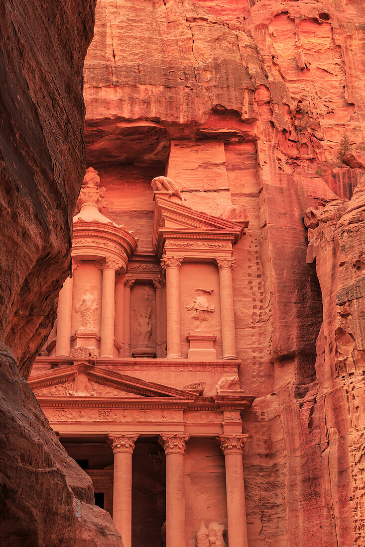 The Treasury Al-Khazneh, seen from the Siq, Petra, UNESCO World Heritage Site, Jordan, Middle East