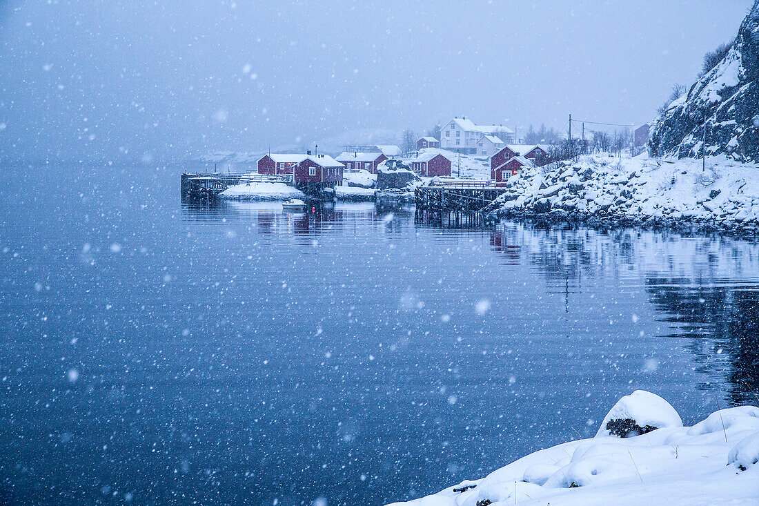 Heavy snowfall on the fishing village and the icy sea, Nusfjord, Lofoten Islands, Arctic, Norway, Scandinavia, Europe