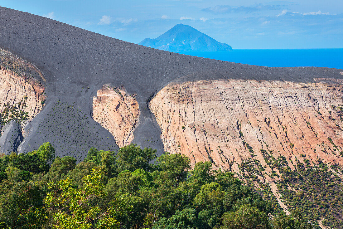 View of Gran Cratere and Finicudi Island, Vulcano Island, Aeolian Islands, UNESCO World Heritage Site, north of Sicily, Italy, Mediterranean, Europe