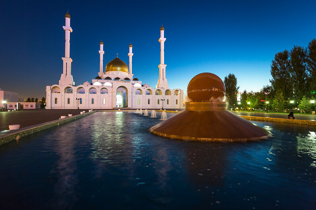 Nur Astana Mosque at dusk, Astana, Kazakhstan, Central Asia