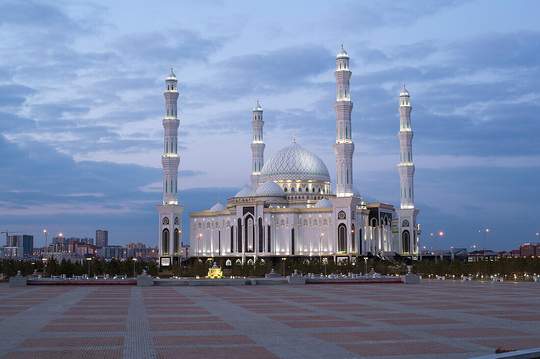 Hazrat Sultan Mosque, the largest in Central Asia, at dusk, Astana, Kazakhstan, Central Asia