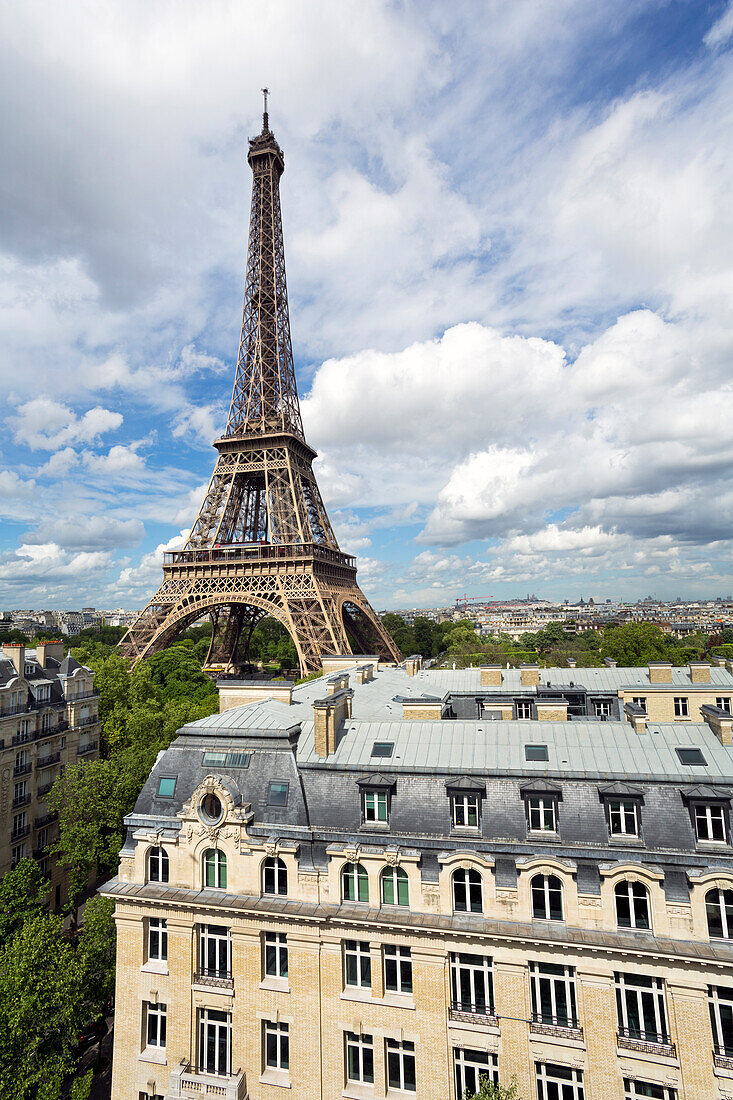 Elevated view over the city with the Eiffel Tower in the distance, Paris, France, Europe