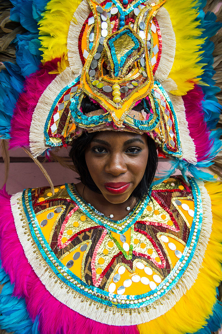 Woman posing for the carneval, Nassau, New Providence, Bahamas, Caribbean