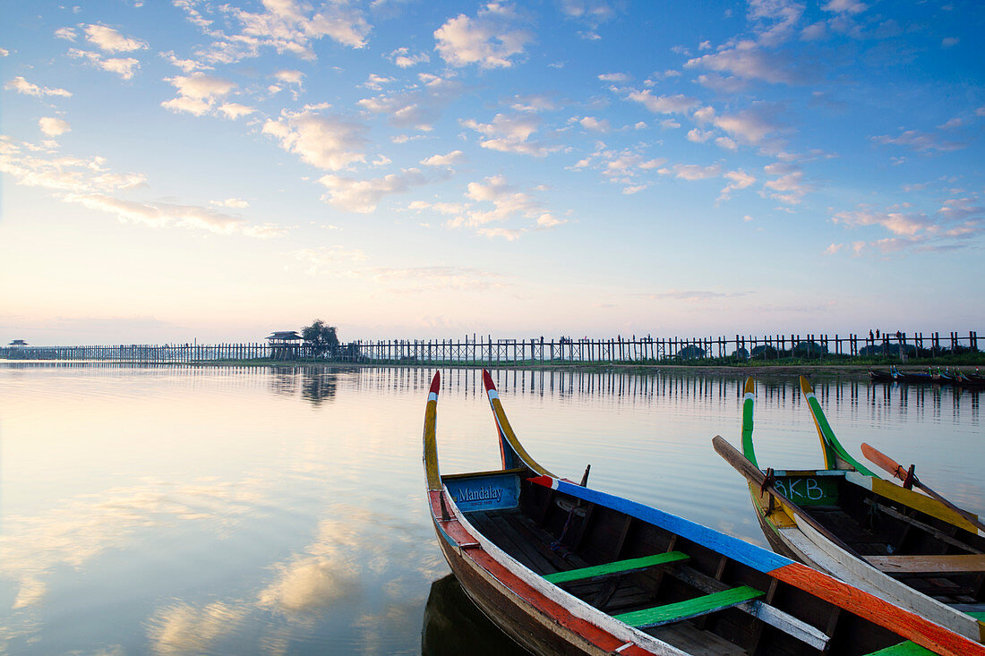 U Bein teak bridge and the Taungthaman Lake near Amarapura, Mandalay, Myanmar Burma, Southeast Asia