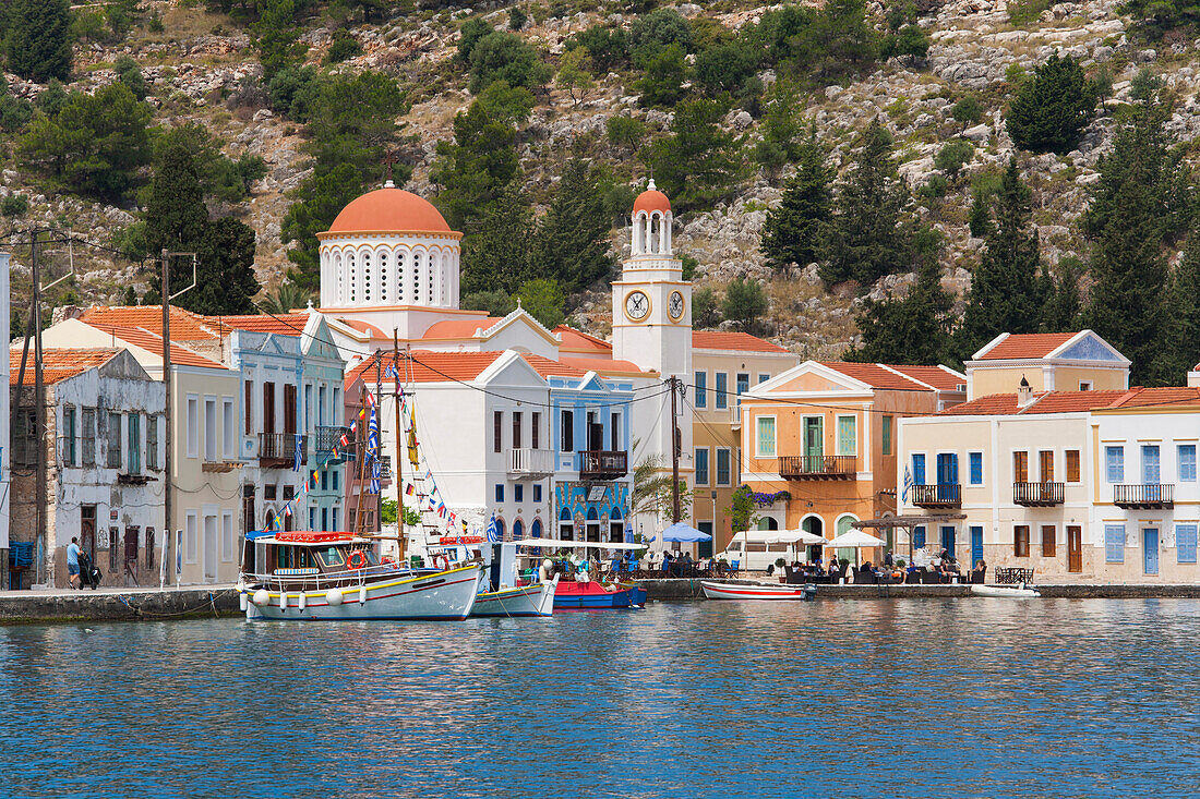 Waterfront houses and church, Kastellorizo Kastelorizo, Megisti, Meis, Rhodes, Dodecanese Islands, South Aegean, Greece, Europe