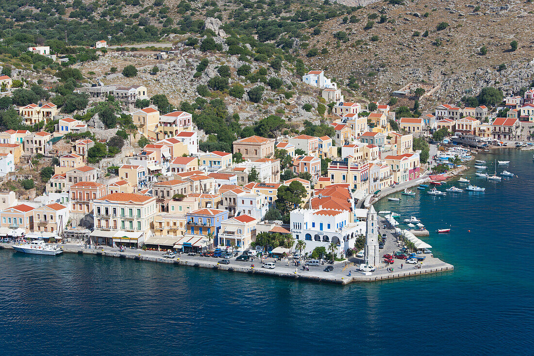 View over the picturesque waterfront, Gialos Yialos, Symi Simi, Rhodes, Dodecanese Islands, South Aegean, Greece, Europe