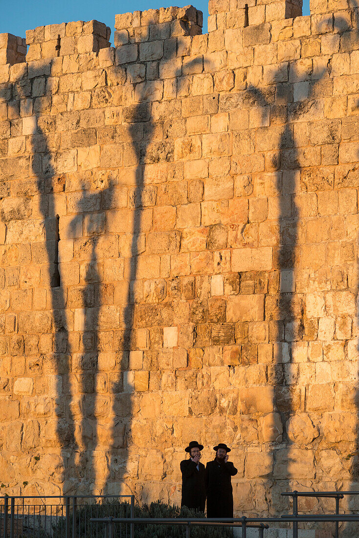 Two Orthodox Jewsh with palm tree shadows in background along the Old City walls, Jerusalem Old City, Israel, Middle East