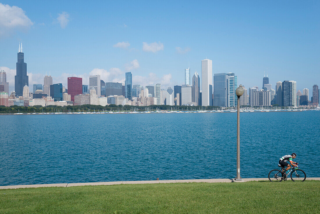 Chicago skyline from the Planetarium, Lake Michigan, Illinois, United States of America, North America