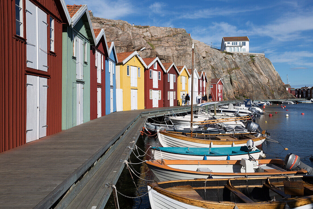 Traditional falu red fishermen's houses in harbour, Smogen, Bohuslan Coast, Southwest Sweden, Sweden, Scandinavia, Europe