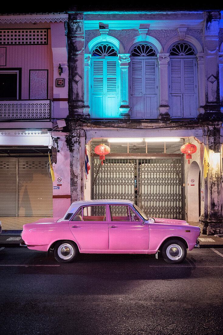 stylish and well kept oldtimer in front of colonial architecture, Phuket Town, Thailand, Southeast Asia