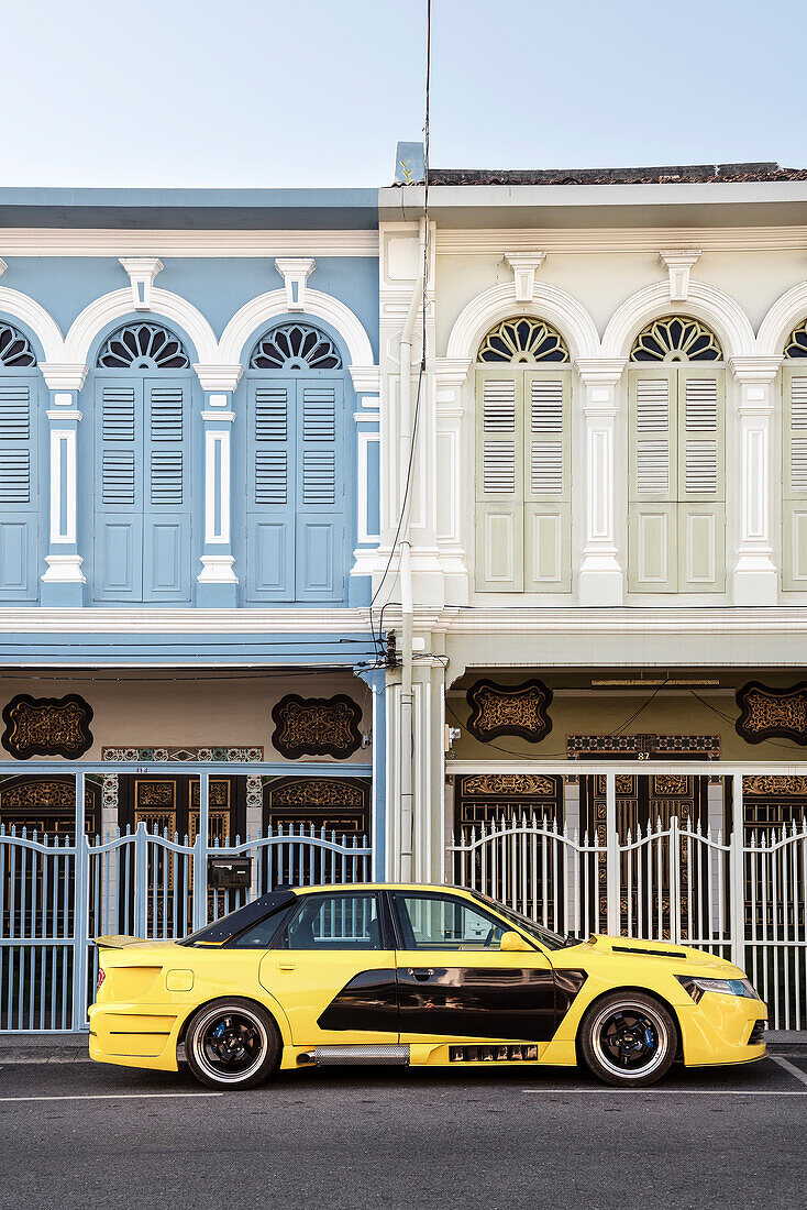 pimped sports car in front of colonial architecture, Phuket Town, Thailand, Southeast Asia