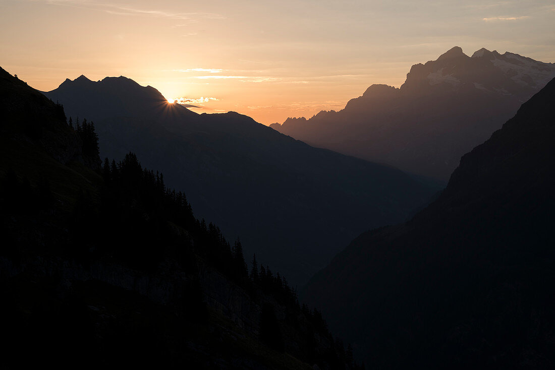 Sonnenaufgang im Berner Oberland, rechts das Wetterhorn, Berner Alpen, Kanton Bern Schweiz