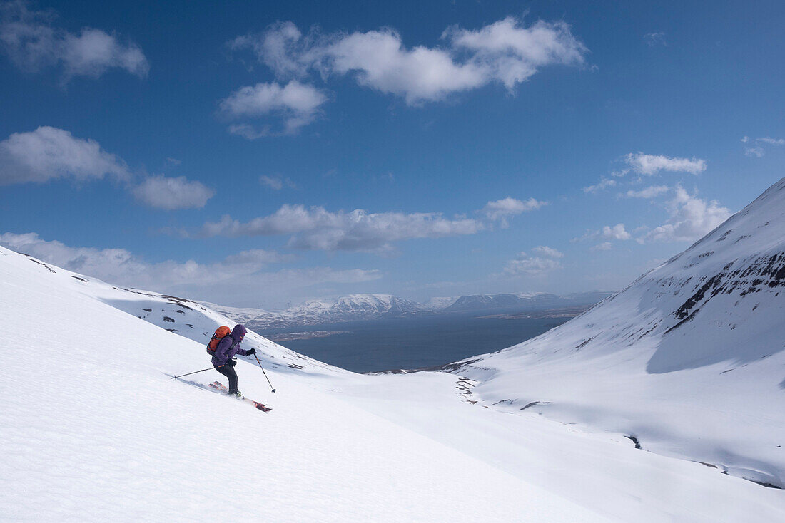 A female skitourer skiing dow the slopes of Saudaneshnjúkar near Dalvík, Tröllaskagi or in English Troll Peninsula, Iceland