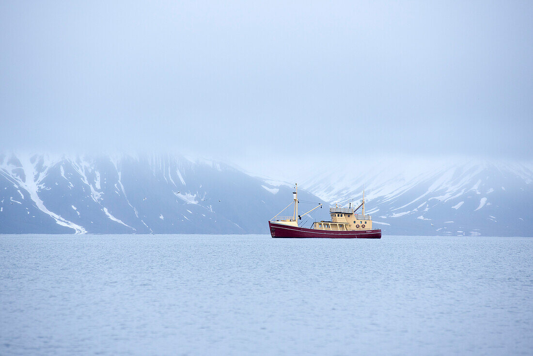 Ein Kutter fährt durch die Grönlandsee, dahinter die wolkenverhangene Küste der Insel Spitzbergen, Svalbard Archipel, Norwegen