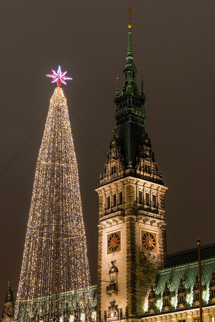 Die Vorderansicht des im historistischen Stil der Neorenaissance gebauten Hamburger Rathauses mit dem (112m hohen) Turm und einem   beleuchteten künstlichen Weihnachtsbaum, Hamburg, Deutschland