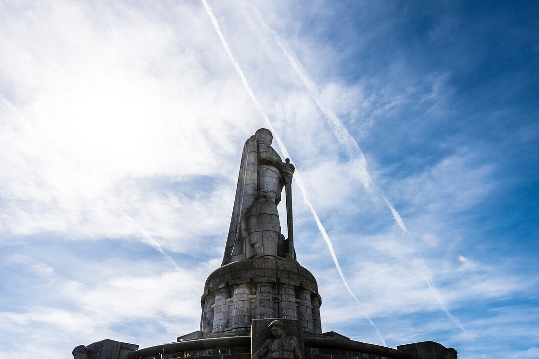 The granite statue, the highest Bismarck monument (34,3m) of the world in the old Elbpark above the Landungsbrücken, Hamburg, Germany