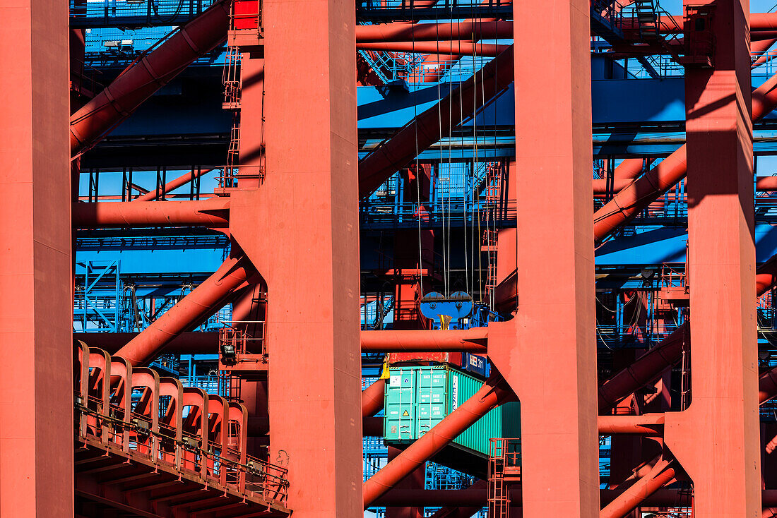 Löschen, Entladen eines Containers aus dem Lagerraum eines  großen Containerschiffes, Hamburg, Deutschland