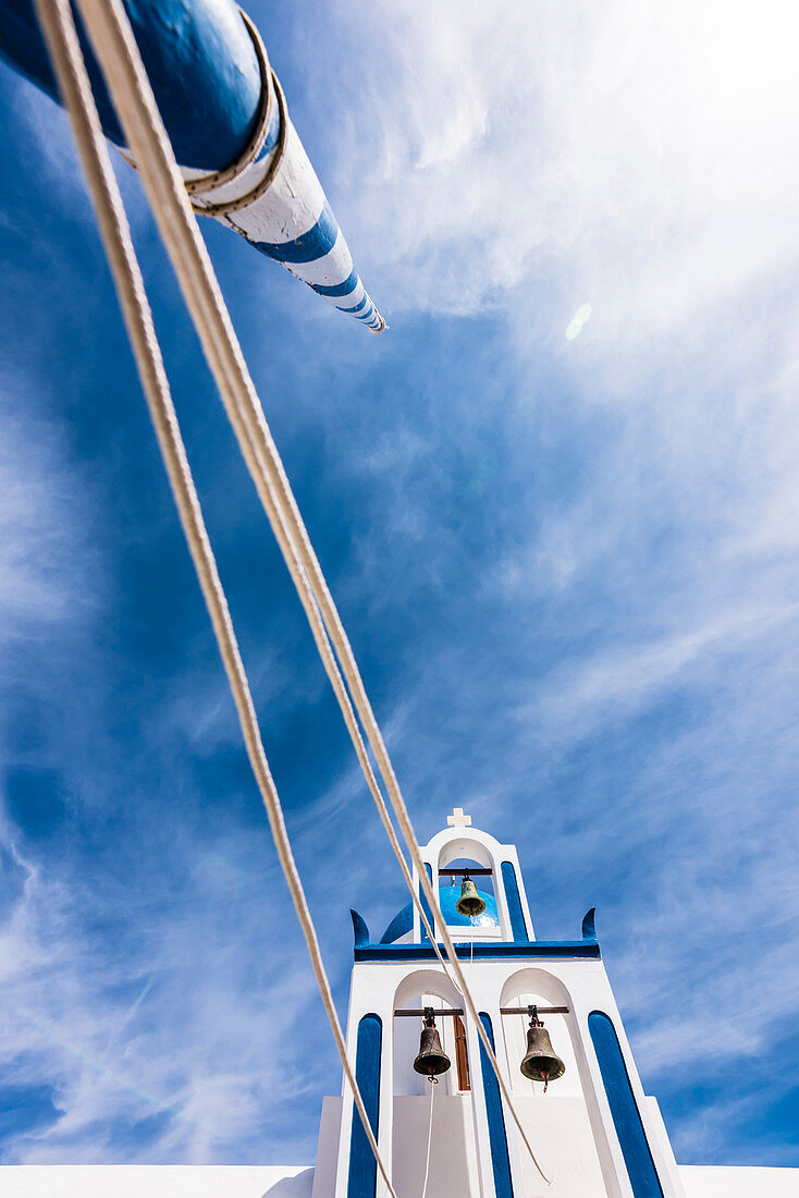 The bell tower of a Greek orthodox chapel, Imerovigli, Santorin, Cyclades, Greece