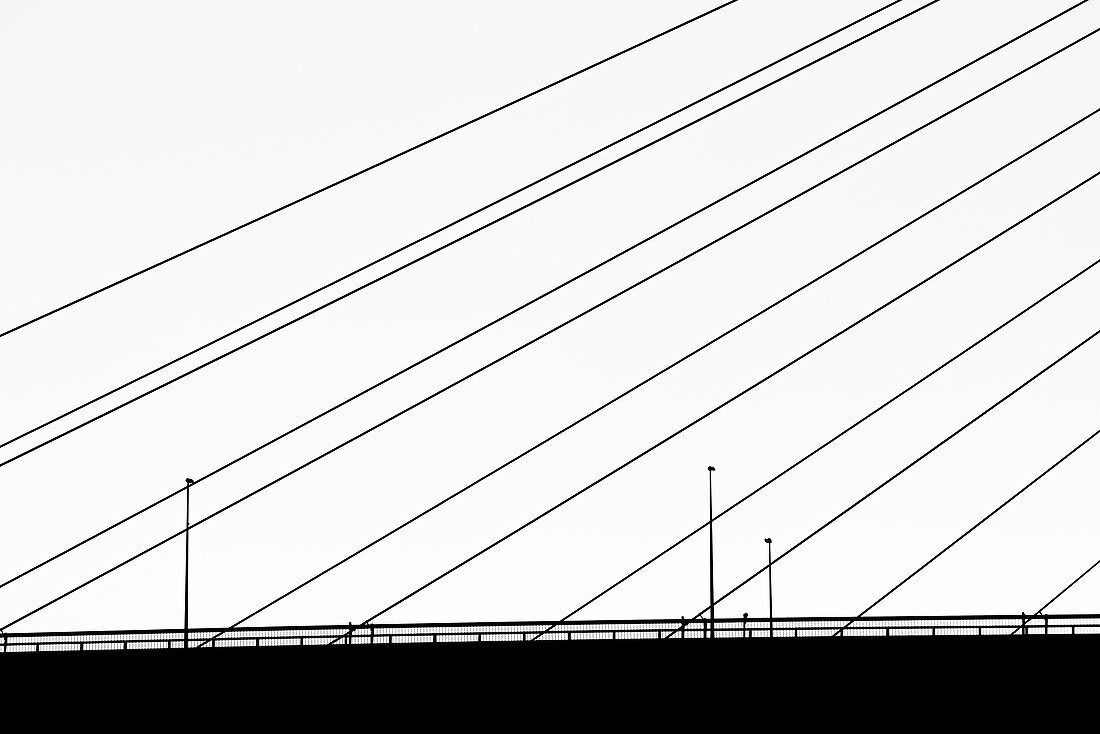 The fan-shaped reverse bracings, railings and lighting of the sloping rope bridge built in steel Köhlbrandbrücke as a silhouette, Hamburg, Germany