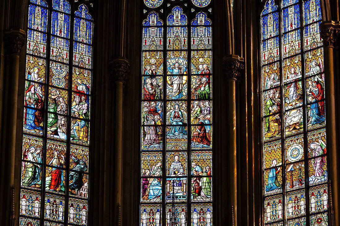 Choir window, Saint Ludgerus cathedral in Billerbeck, neo-Gothic Catholic pilgrimage church, diocese Münster, Billerbeck, North Rhine-Westphalia, Germany