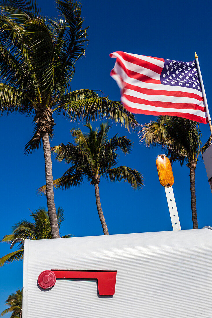 Typical American mailbox with national flag and palms in the background, Naples, Florida, USA