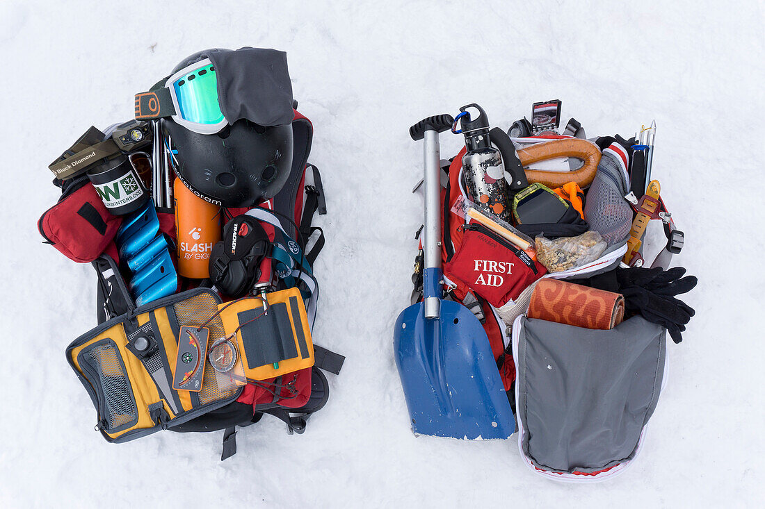 Winter backcountry backpack full of equipment